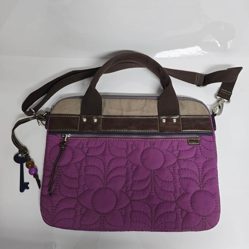 Fossil Key-Per Laptop Bag Purple Quilted Floral Crossbody Messenger Boho